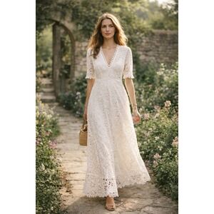 White Eyelet Lace Maxi Dress Boho Romantic Anthropologie Style Size XS/S